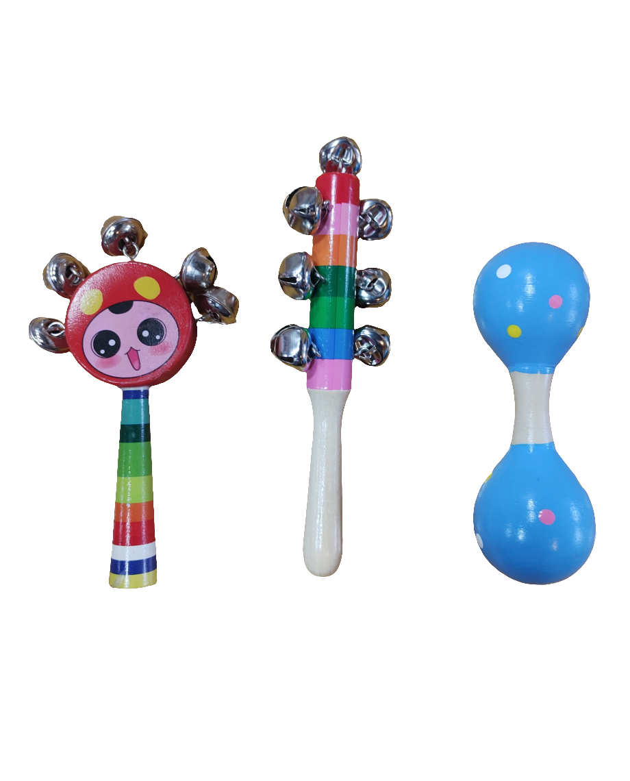 Wooden Baby Rattle Combo – Dumbbell, Face & 10 Bell Rattles